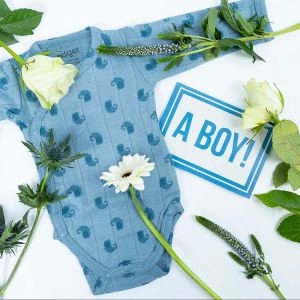Kraampakket bloemen - Blauwe Lodger romper - A Boy wenskaart
